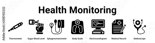 Health Monitoring web banner icon vector illustration concept for medical with icon of Thermometer, Sugar Blood Level, Sphygmomanometer, Body Scale, Electrocardiogram, Medical.
