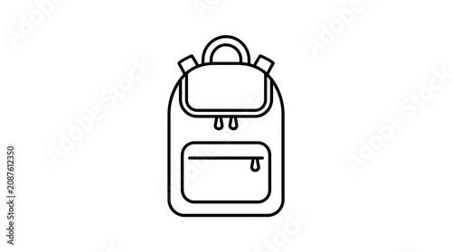 Clean outlined backpack icon features simplified vector details with balanced symmetrical minimalist presentation for education.