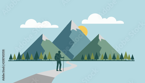 Silhouette of a hiker with backpack and walking stick on a path leading towards beautiful high snow peak mountains.