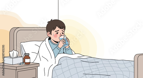 Illustration Of A Sick Child Drinking Water And Resting In Bed At Home For Recovery