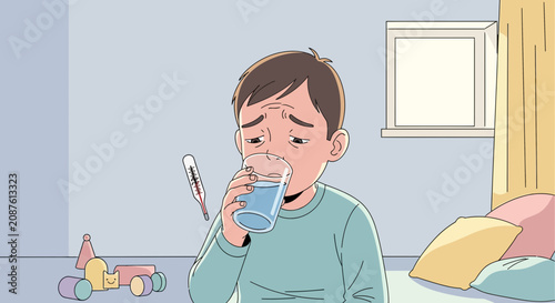 Illustration Of A Sick Child Drinking Water And Resting With A Thermometer Nearby