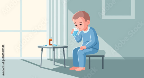 Illustration Of A Sick Child Drinking Water And Taking Medicine In The Morning
