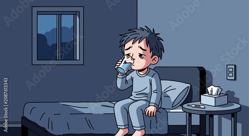 Illustration Of A Sick Child Drinking Water In Bed At Night Suffering Sickness.