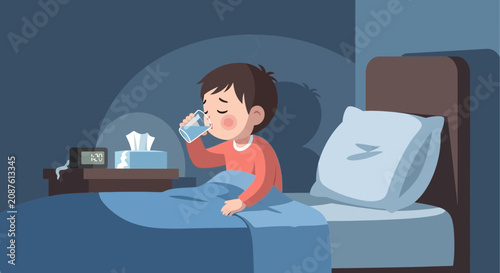 Illustration Of A Sick Child Drinking Water In Bed At Night Time For Healthcare Needs