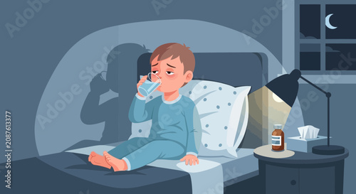 Illustration Of A Sick Child Drinking Water In Bed At Night With A Lamp And Medicine