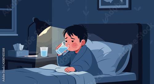 Illustration Of A Sick Child Drinking Water In Bed At Night With a Lamp