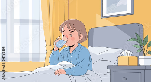 Illustration Of A Sick Child Drinking Water In Bed To Recover From Illness and Get Well