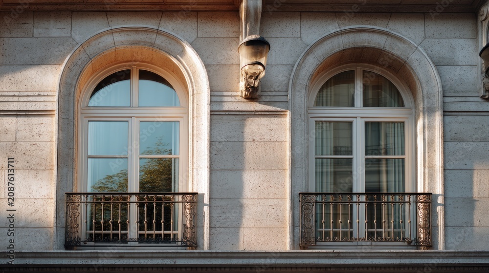 Obraz premium Elegant Architectural Details of Classic Stone Building Featuring Arched Windows and Decorative Balconies