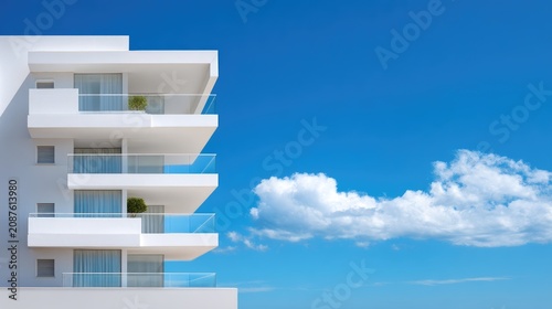 Modern White Apartment Building with Balconies Under Clear Blue Sky and Soft White Clouds