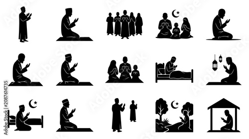 Islamic prayer icons, black and white, representing diverse Muslim activities