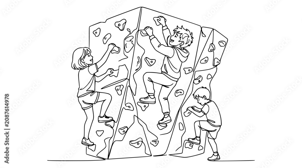 Obraz premium Children Climbing Indoor Rock Wall, Active Kids Exercising, Outdoor Adventure Fun, Healthy Lifestyle