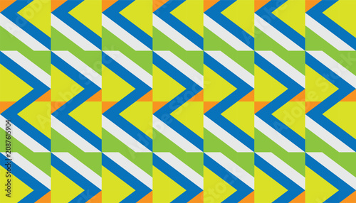 Konstfotografi Seamless pattern background featuring a vibrant geometric zigzag or chevron design composed of blue, green, white, and orange diagonal stripes
