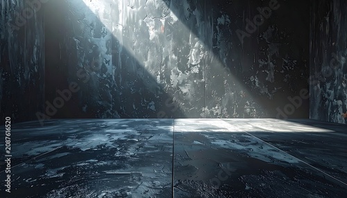 abstract dark textured background with light rays, dust particles, and rough surface details, futuristic or industrial atmosphere