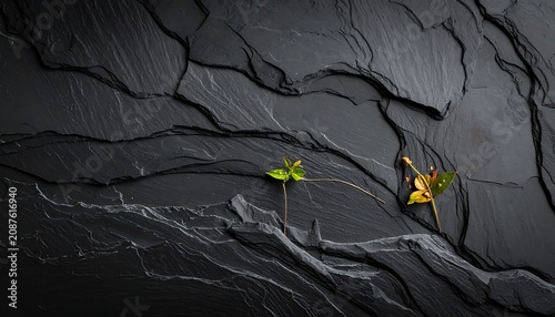 Abstract dark textured surface with tiny green plants and a colorful spider, organic pattern and natural elements, organic growth and resilience concept