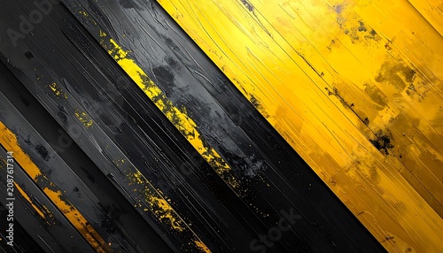 Abstract diagonal stripes in black and yellow with a textured grunge effect, digital background for industrial or warning themes, motion blur, metallic sheen