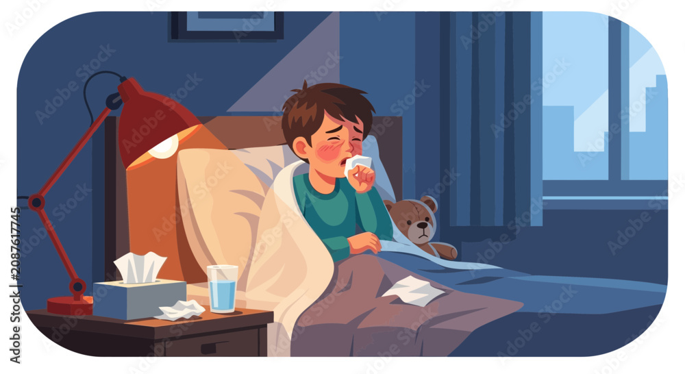 Obraz premium Illustration Of A Sick Boy In Bed During A Contagious Infection With A Blanket