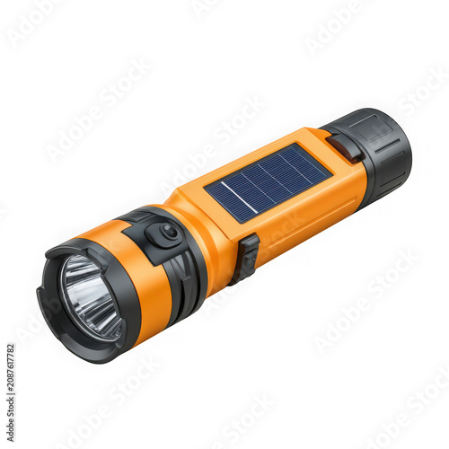 Bright orange tactical flashlight with solar panel