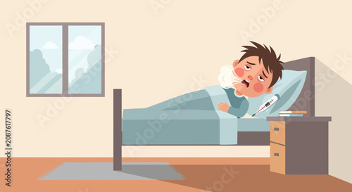 Illustration Of A Sick Boy In Bed Suffering From The Symptom Of A Cold