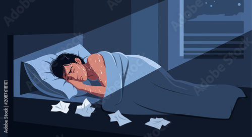 Illustration Of A Person Suffering From Night Sweats Lying In Bed In A Dark Room