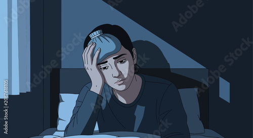 Illustration Of A Person Suffering Headache Looking Miserable At The Middle Of The Night