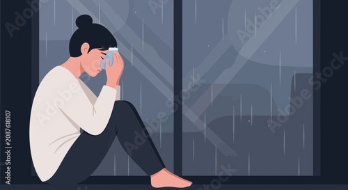 Illustration Of A Person Suffering Headache Or Illness In Side Of A Window