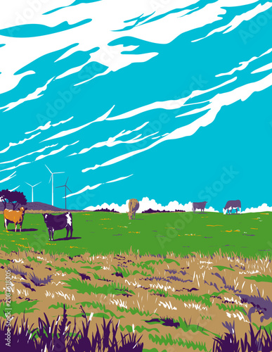 WPA poster art of herd of black and white dairy cattle, Holstein Friesian with wind turbines in the South Island of New Zealand done in works project administration or federal art project style.