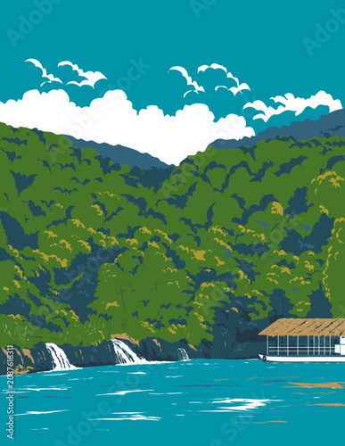 WPA poster art of the Loboc River or Loay River in the Bohol province of the Philippines done in works project administration or federal art project style.