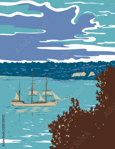 WPA poster art of a tall ship under partial sail sailing into Waitemata Harbour, Auckland, New Zealand done in works project administration or federal art project style.
