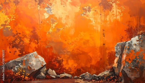 abstract fiery landscape with rocks and glowing embers, digital painting with textured brushstrokes and particle effects, warm autumn atmosphere, ideal for backgrounds or abstract art