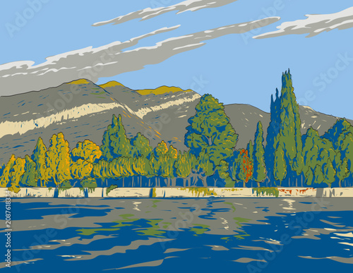 WPA style ukiyo-e or ukiyo illustration of Via Statale in Tremezzo, Italy in the central western stretch of Lake Como with the Grigne mountains done in retro style.