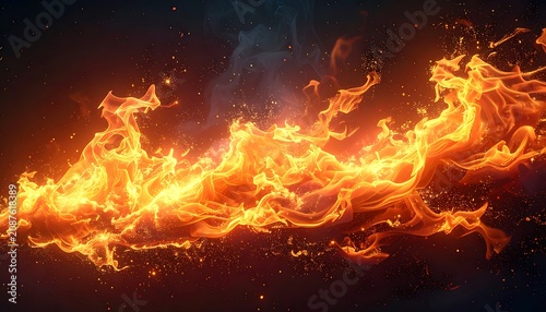 abstract fiery wave with glowing embers and smoke, intense orange and yellow, energy and power, motion and dynamics