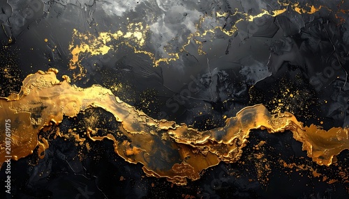 Abstract flowing liquid gold and black marble texture with glittering particles, dynamic fluid motion, luxurious modern background