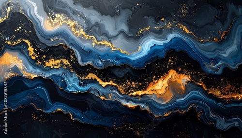 Abstract flowing waves of dark blue and grey marbled texture with glittering gold particles, dynamic fluid motion, cosmic galaxy effect