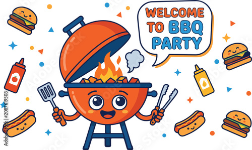 Fotografie Cute BBQ Party Vector Illustration - Cartoon Grill Character with Burgers Hot Dogs Ketchup Mustard and Welcome to BBQ Party Design