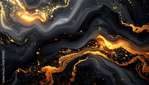 Abstract fluid art with swirling dark gray waves and bright golden glitter particles, luxurious marble texture, elegant design element