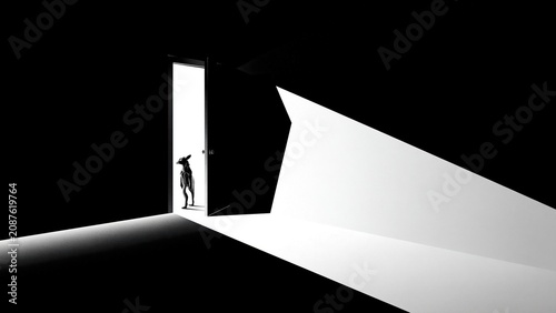 Small silhouette of a dog standing in a glowing white doorway.