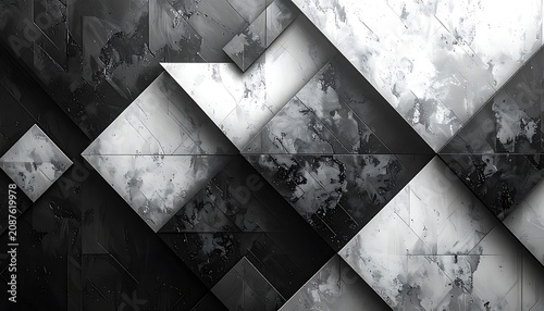 abstract geometric pattern with overlapping squares and textured surfaces, monochrome and dark moody atmosphere, digital art with depth