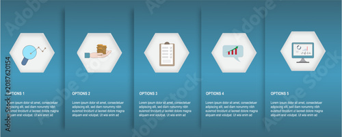 Modern 5-step infographic template featuring hexagon panels with business icons, clean vertical layout, and corporate style. Perfect for workflow, analytics, project planning, presentations,