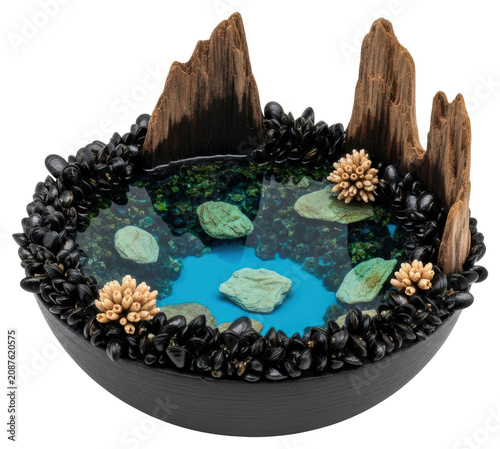 Miniature aquatic diorama in black bowl cutout on transparent background