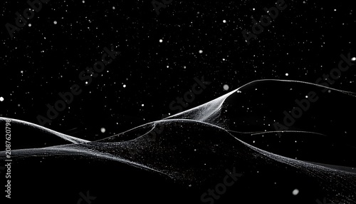 Abstract glowing particles forming wavy lines and dunes against a dark starry night sky, ethereal, cosmic, motion background