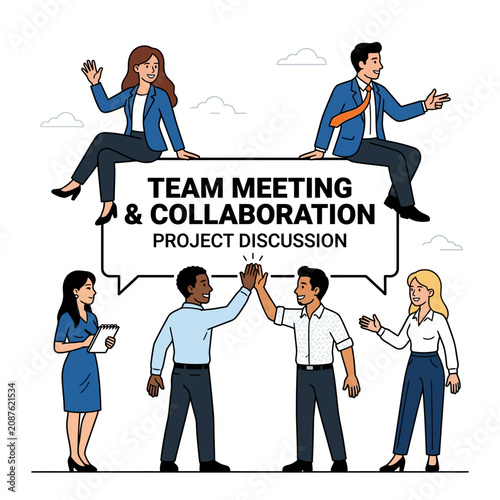 Business project discussion with diverse office colleagues, flat vector modern illustration.