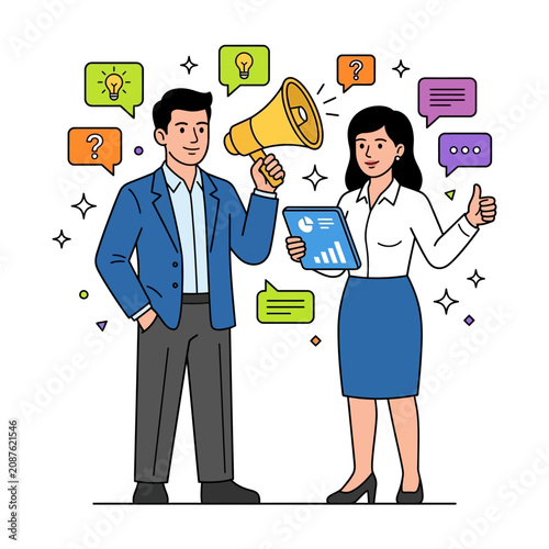 Business team presenting marketing using megaphone, flat vector modern illustration.