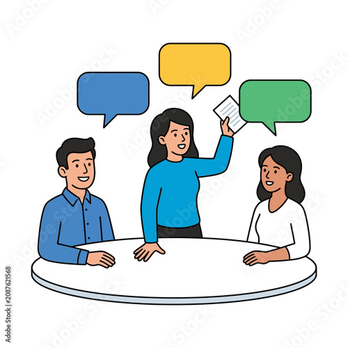 Team meeting with colleagues discussing ideas around a round table, flat vector modern illustration.