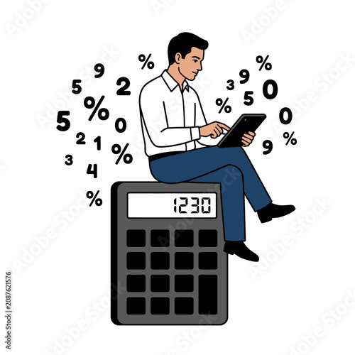 Male accountant manage budget analysis using tablet on calculator, flat vector modern illustration.