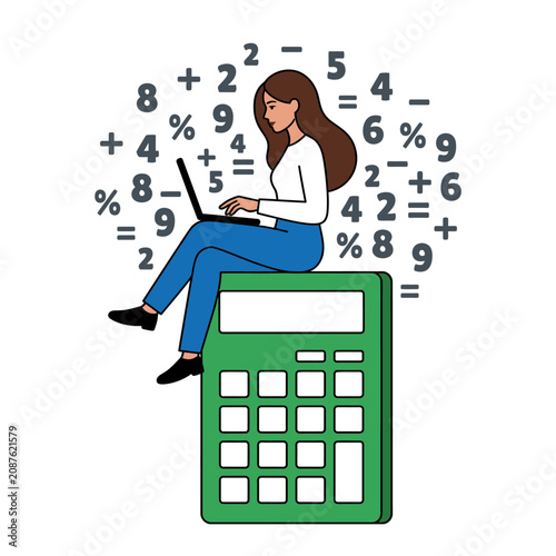 Young woman using laptop on giant calculator, flat vector modern illustration.
