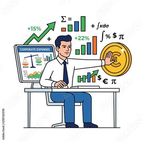 Business analyst managing corporate expenses, flat vector modern illustration.