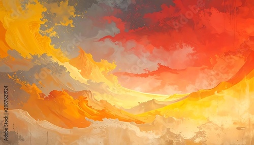 Abstract landscape with fiery orange and yellow clouds in a stormy sky, evoking warmth and drama, reminiscent of a desert sunset