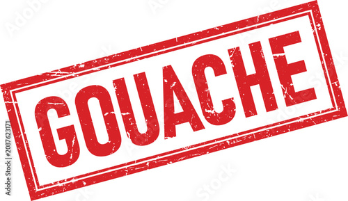 Red rectangular rubber stamp impression featuring the word gouache with a classic distressed grunge texture