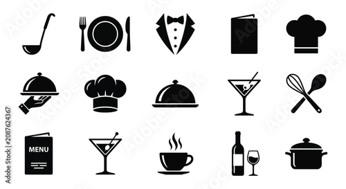 Photos Culinary Icons Set Black Silhouettes On White Background chef hat cooking cutler