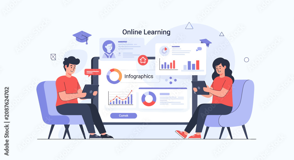 Naklejka premium Man and woman engaged in online learning with digital tablets and charts.